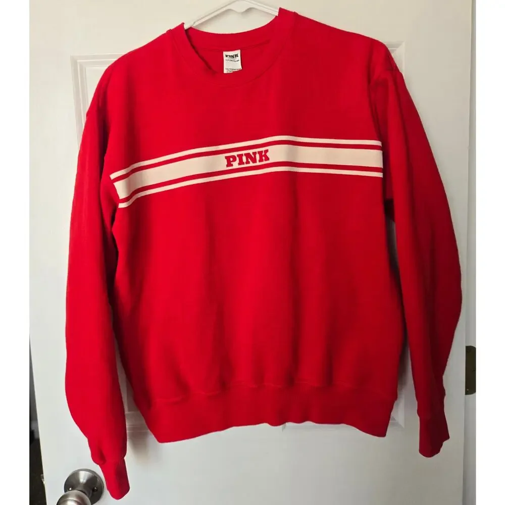 PINK Victoria Secret Red and White Varsity Pullover Sweatshirt Preppy Size Small - Picture 1 of 4